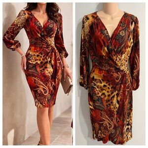 CACHE Faux Wrap Animal Floral Print Vintage Y2K Dress size M Womens